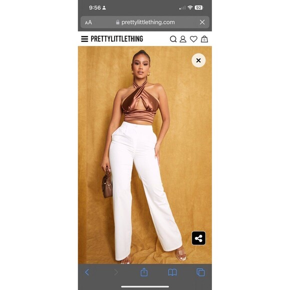 prettylittlething Chocolate Satin Cross Front Ruched Waist Halterneck Crop Top - Picture 8 of 11